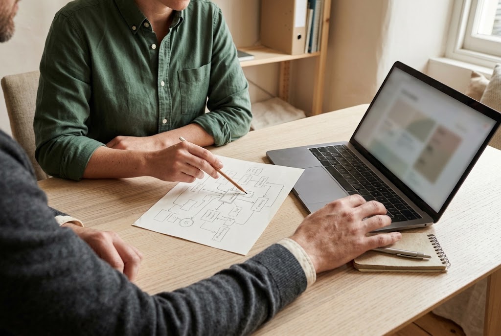 Two people reviewing a process drawn on paper beside a laptop.